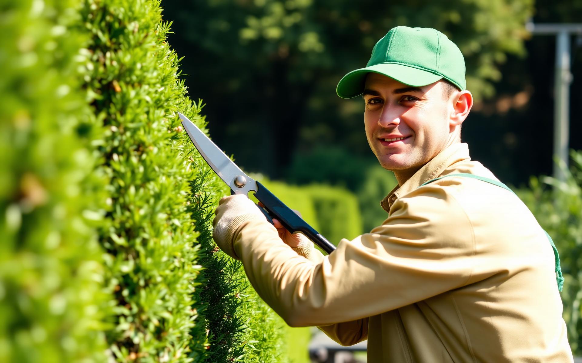 Skilled gardener trimming a hedge